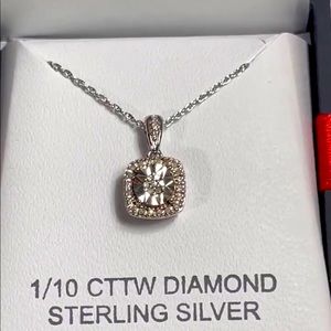 Womens 1/10 Carat Genuine Diamond Necklace .925 Sterling Silver Square Pendant